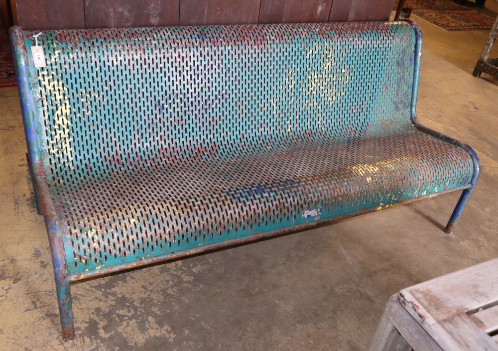 A 1980s painted pierced steel bench seat, W.183cm, D.74cm, H.85cm